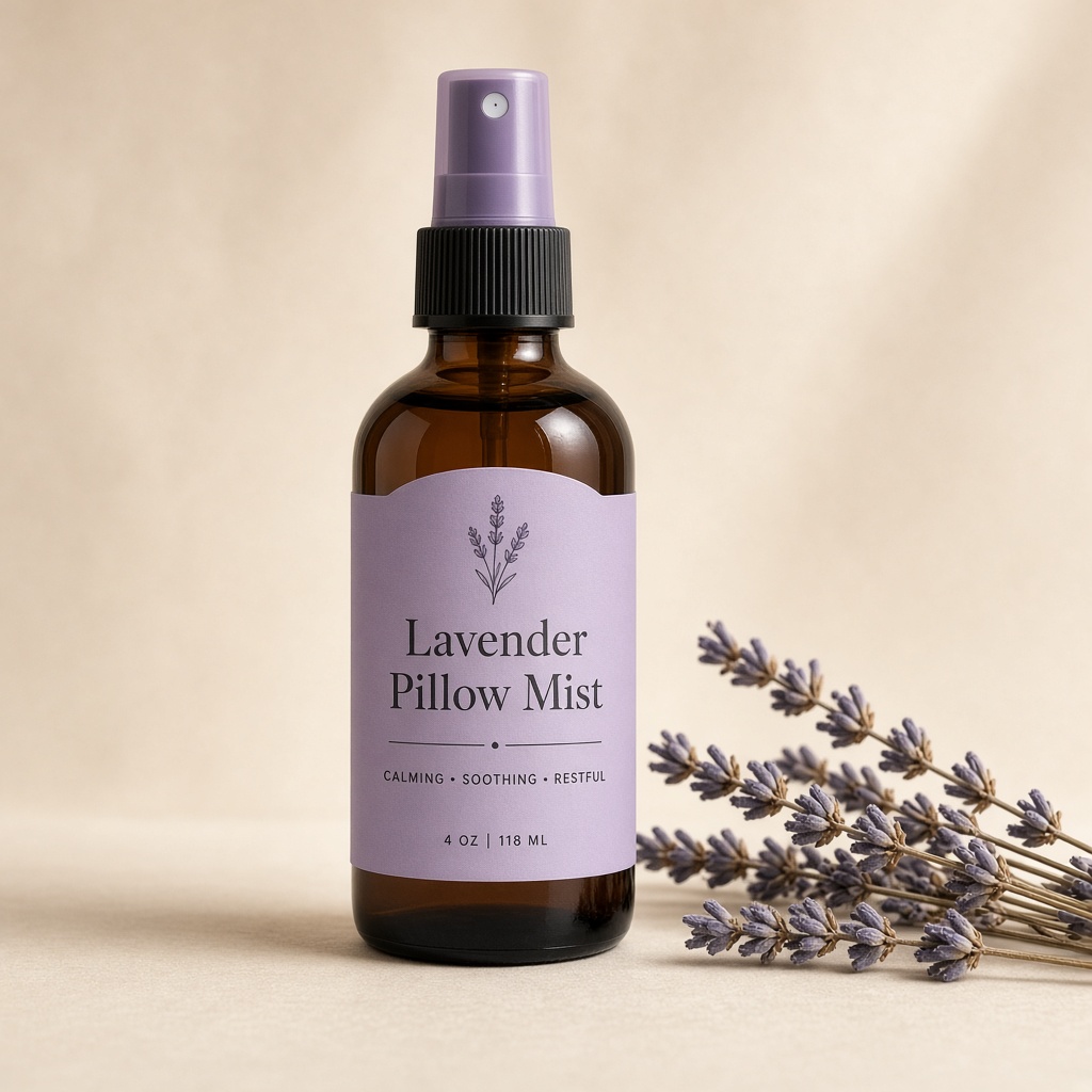 Concept image of a 4 oz lavender pillow mist bottle
